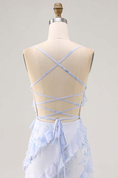 Blue Floral Chiffon Maxi Criss Cross Back Wedding Guest Dress with Ruffles