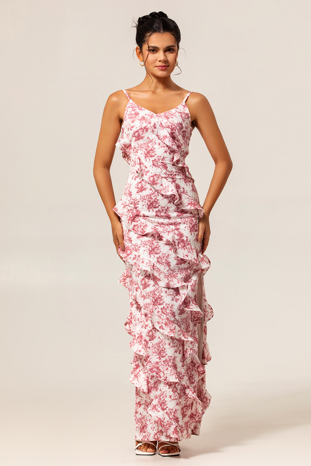 Maxi Blush Flower Sheath Ruffled Wedding Guest Dress with Slit