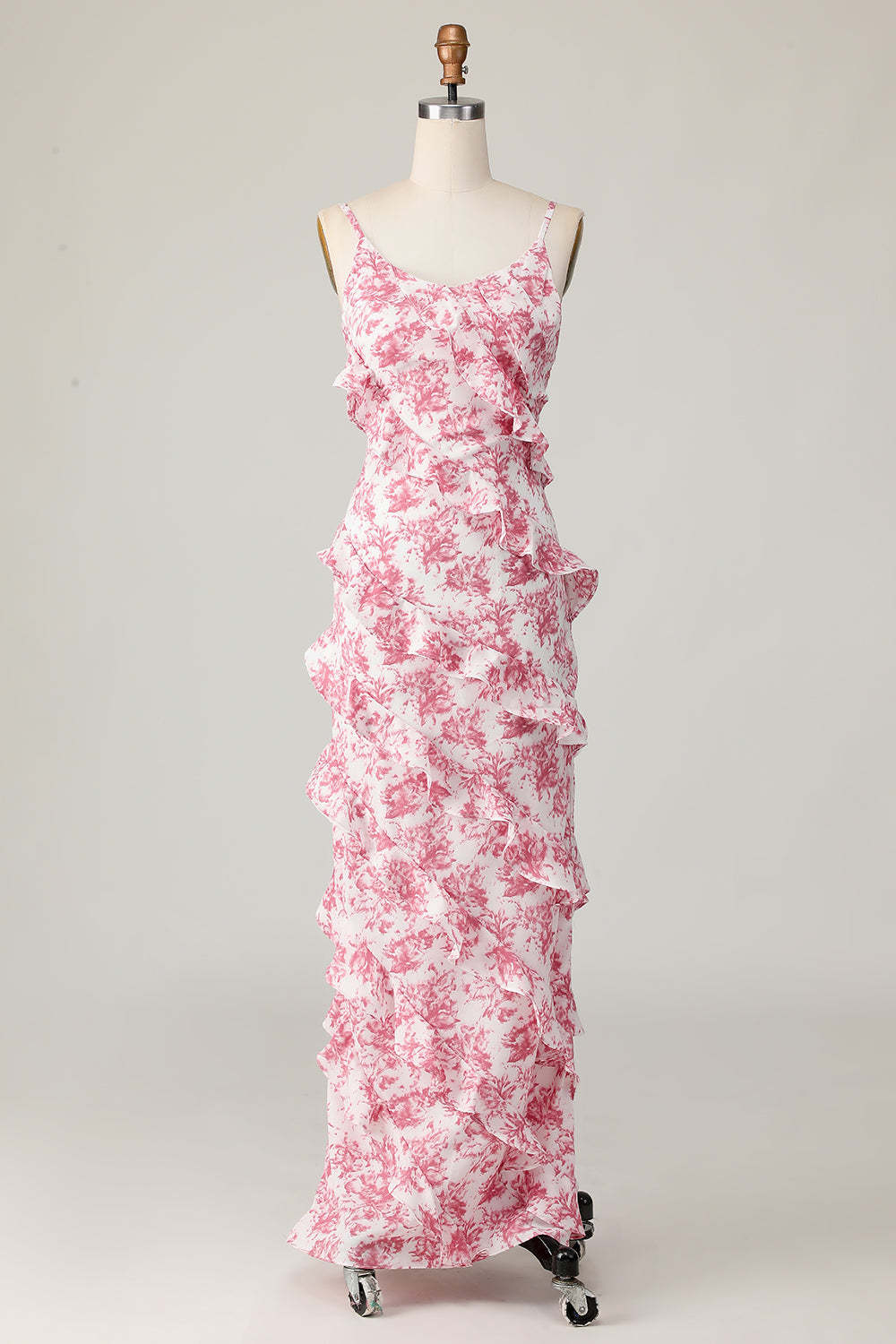 Leely Women Blush Flower Maxi Ruffled Wedding Guest Dress with Slit Backless Sheath Spaghetti Straps Floral Bridesmaid Dress