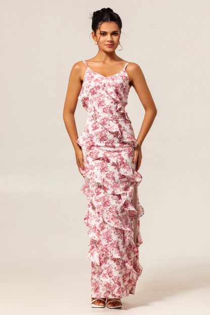 Maxi Blush Flower Sheath Ruffled Wedding Guest Dress with Slit