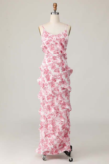 Leely Women Blush Flower Maxi Ruffled Wedding Guest Dress with Slit Backless Sheath Spaghetti Straps Floral Bridesmaid Dress