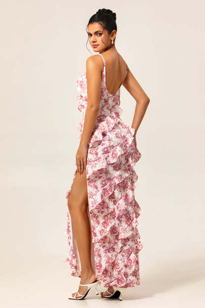 Blush Ruffled Flower Sheath Maxi Wedding Guest Dress with Slit