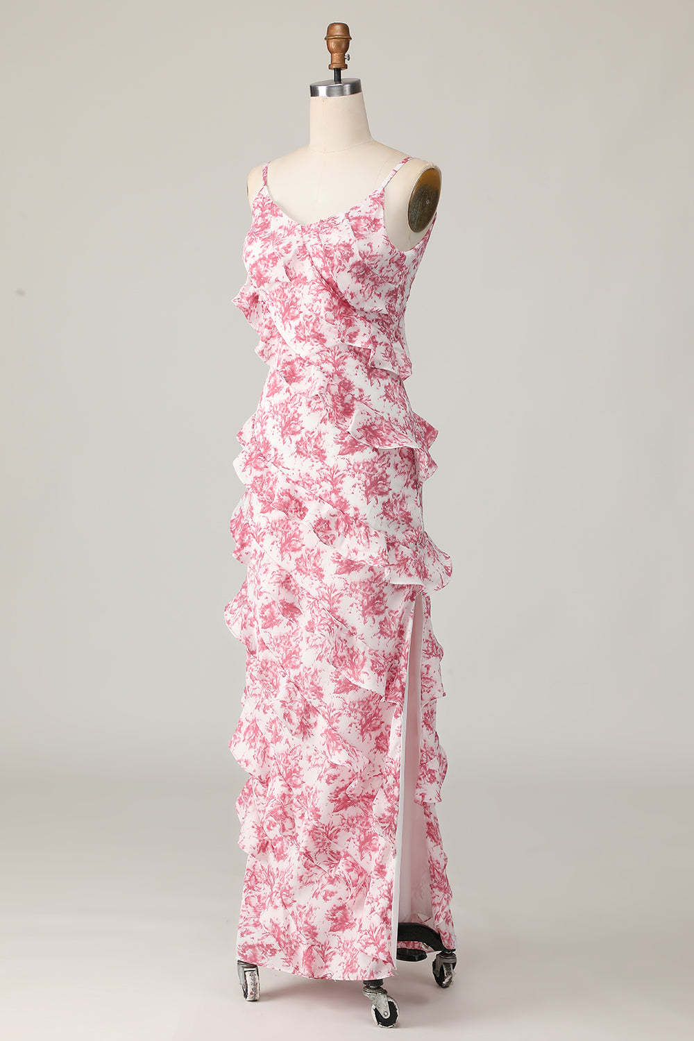 Maxi Blush Flower Sheath Ruffled Wedding Guest Dress with Slit