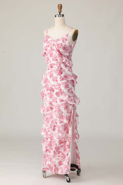 Maxi Blush Flower Sheath Ruffled Wedding Guest Dress with Slit