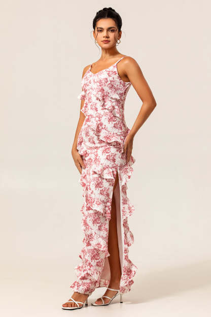 Blush Ruffled Flower Sheath Maxi Wedding Guest Dress with Slit