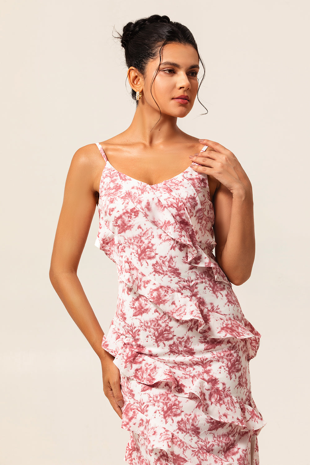 Blush Ruffled Flower Sheath Maxi Wedding Guest Dress with Slit