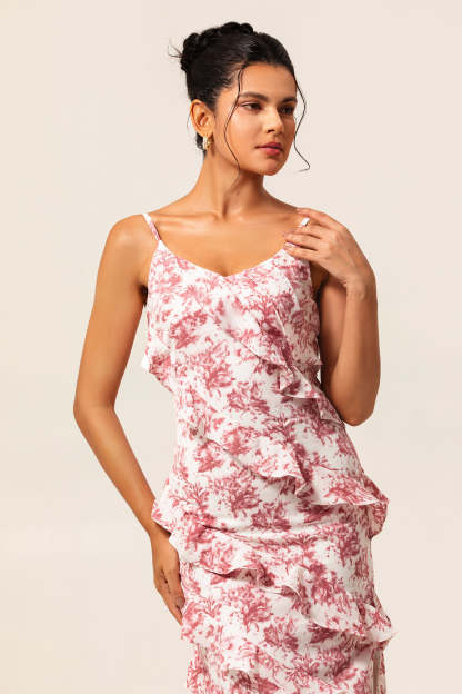 Blush Ruffled Flower Sheath Maxi Wedding Guest Dress with Slit