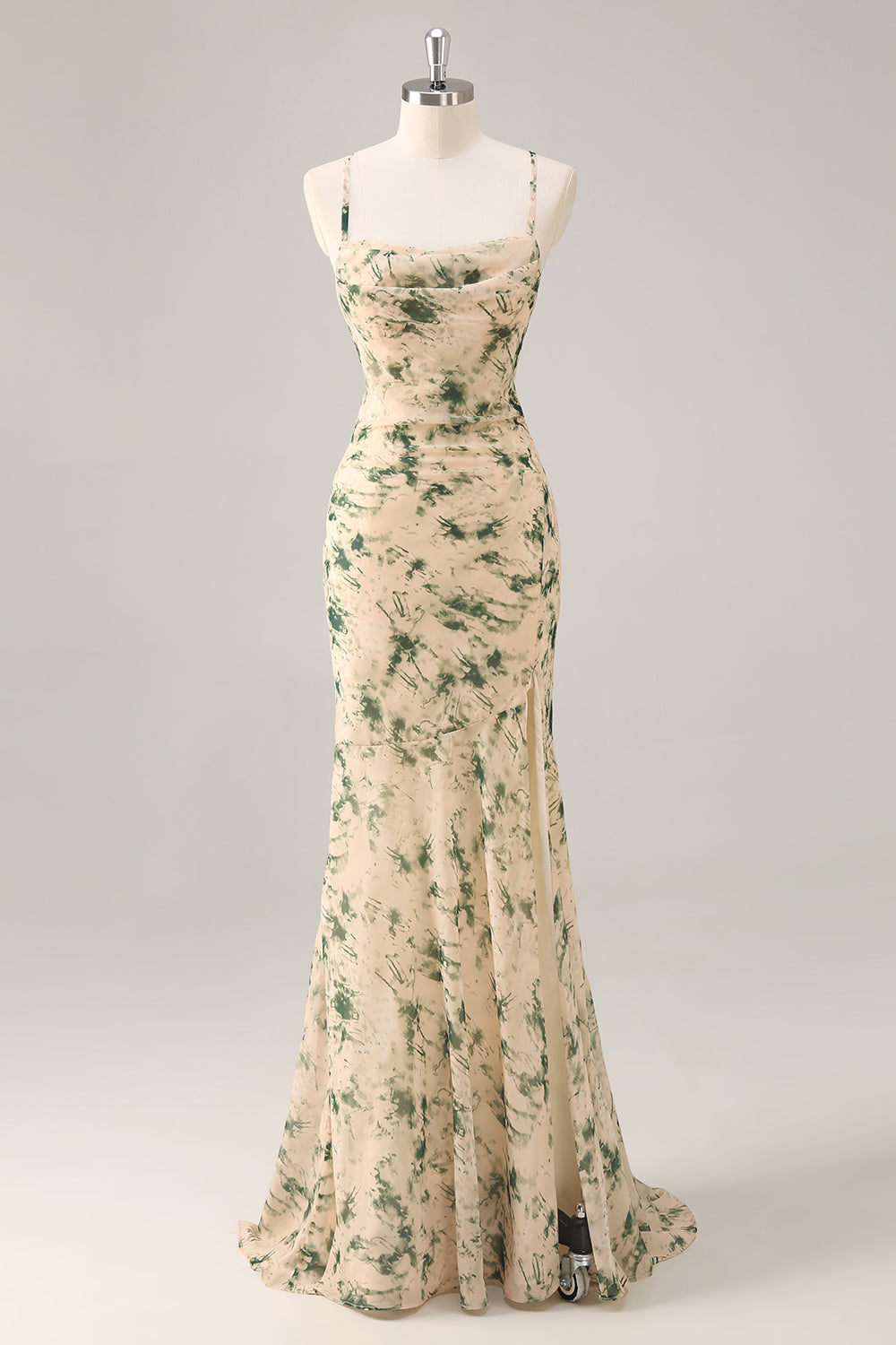 Leely Women Champagne Floral Maxi Wedding Guest Dress with Slit Mermaid Ruched Criss Crossed Back Spaghetti Straps Bridesmaid Dress