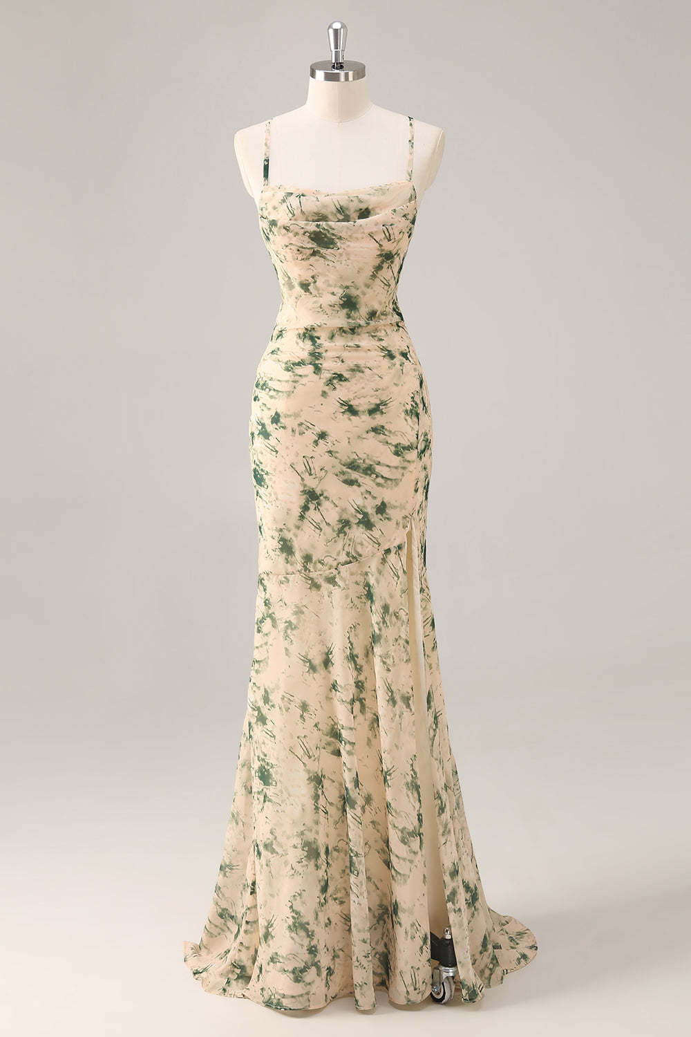 Leely Women Champagne Floral Maxi Wedding Guest Dress with Slit Mermaid Ruched Criss Crossed Back Spaghetti Straps Bridesmaid Dress