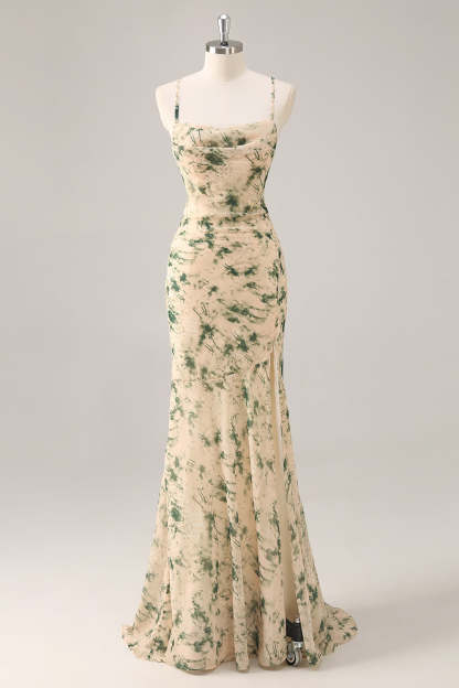 Leely Women Champagne Floral Maxi Wedding Guest Dress with Slit Mermaid Ruched Criss Crossed Back Spaghetti Straps Bridesmaid Dress