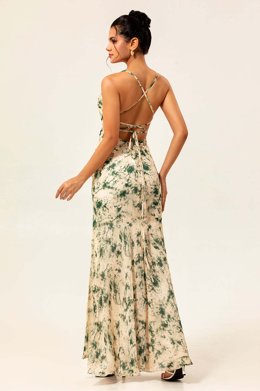 Champagne Mermaid Floral Long Ruched Wedding Guest Dress with Slit