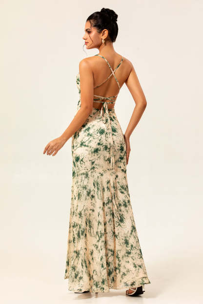 Champagne Mermaid Floral Long Ruched Wedding Guest Dress with Slit