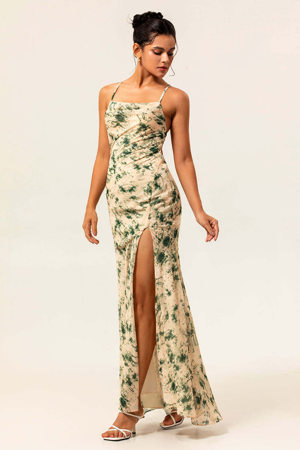Champagne Mermaid Floral Long Ruched Wedding Guest Dress with Slit