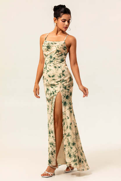 Champagne Mermaid Floral Long Ruched Wedding Guest Dress with Slit
