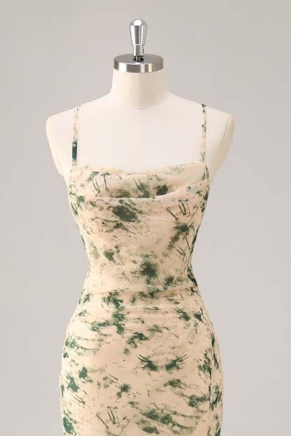 Champagne Mermaid Floral Maxi Wedding Guest Dress with Slit