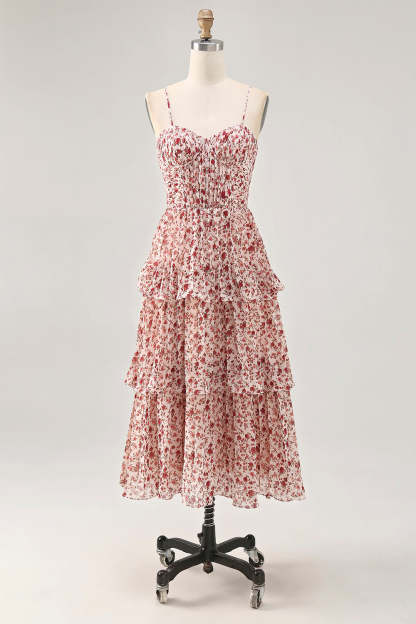 Leely Women Blush Floral Midi Summer Wedding Guest Dress with Ruffles Chiffon A Line Spaghetti Straps Tiered Ruched Bridesmaid Dress