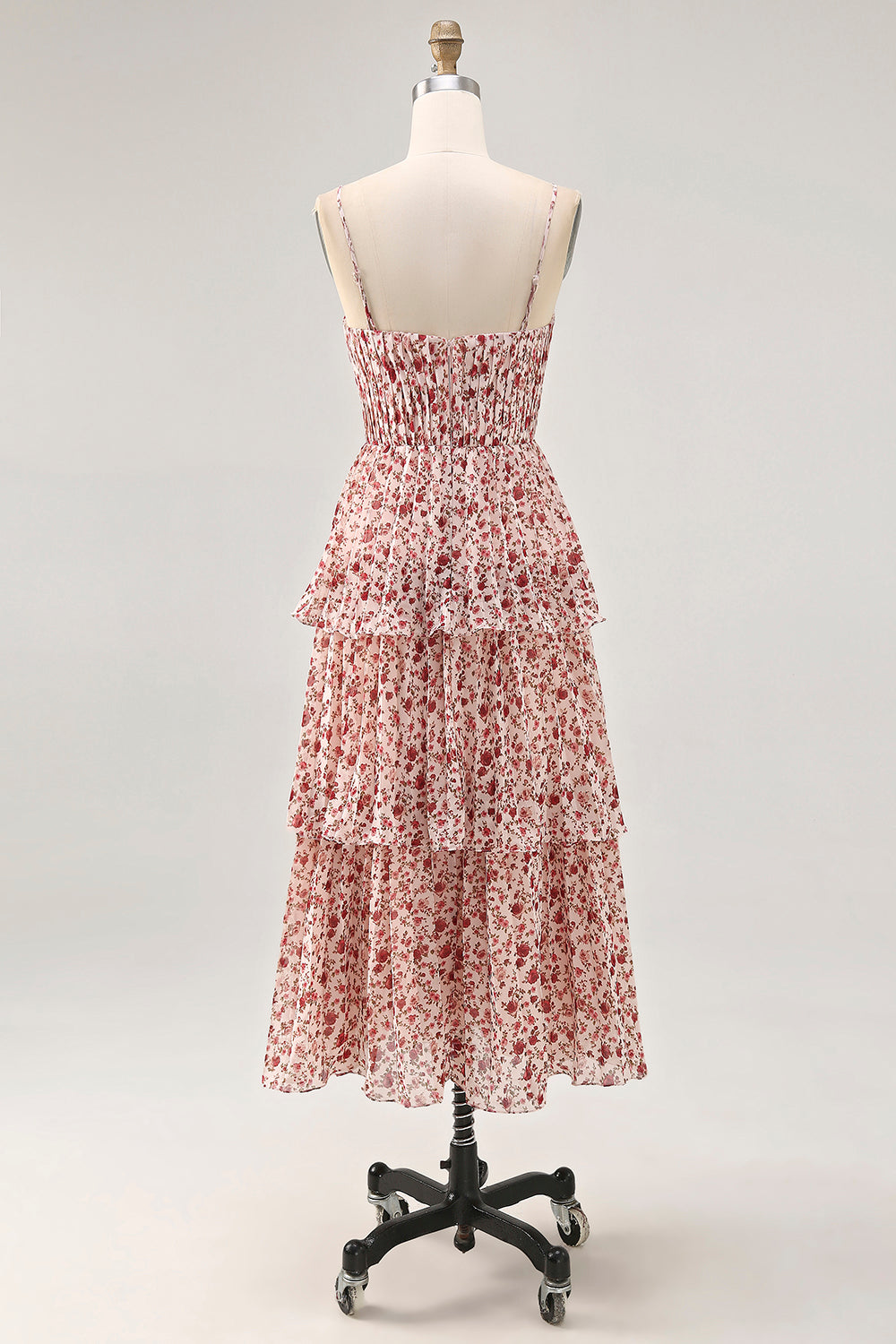 Blush Ruched Floral Chiffon Midi Wedding Guest Dress with Ruffles