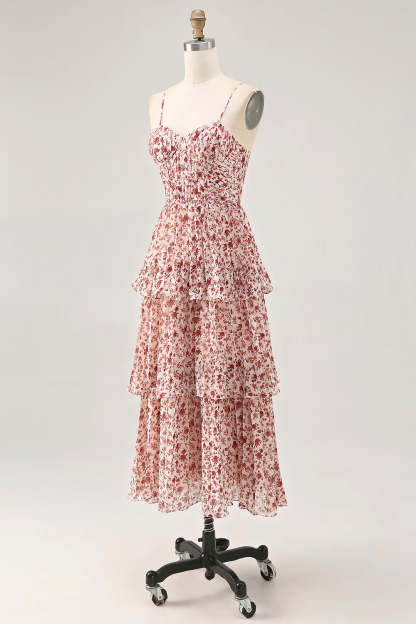 Blush Ruched Floral Chiffon Midi Wedding Guest Dress with Ruffles