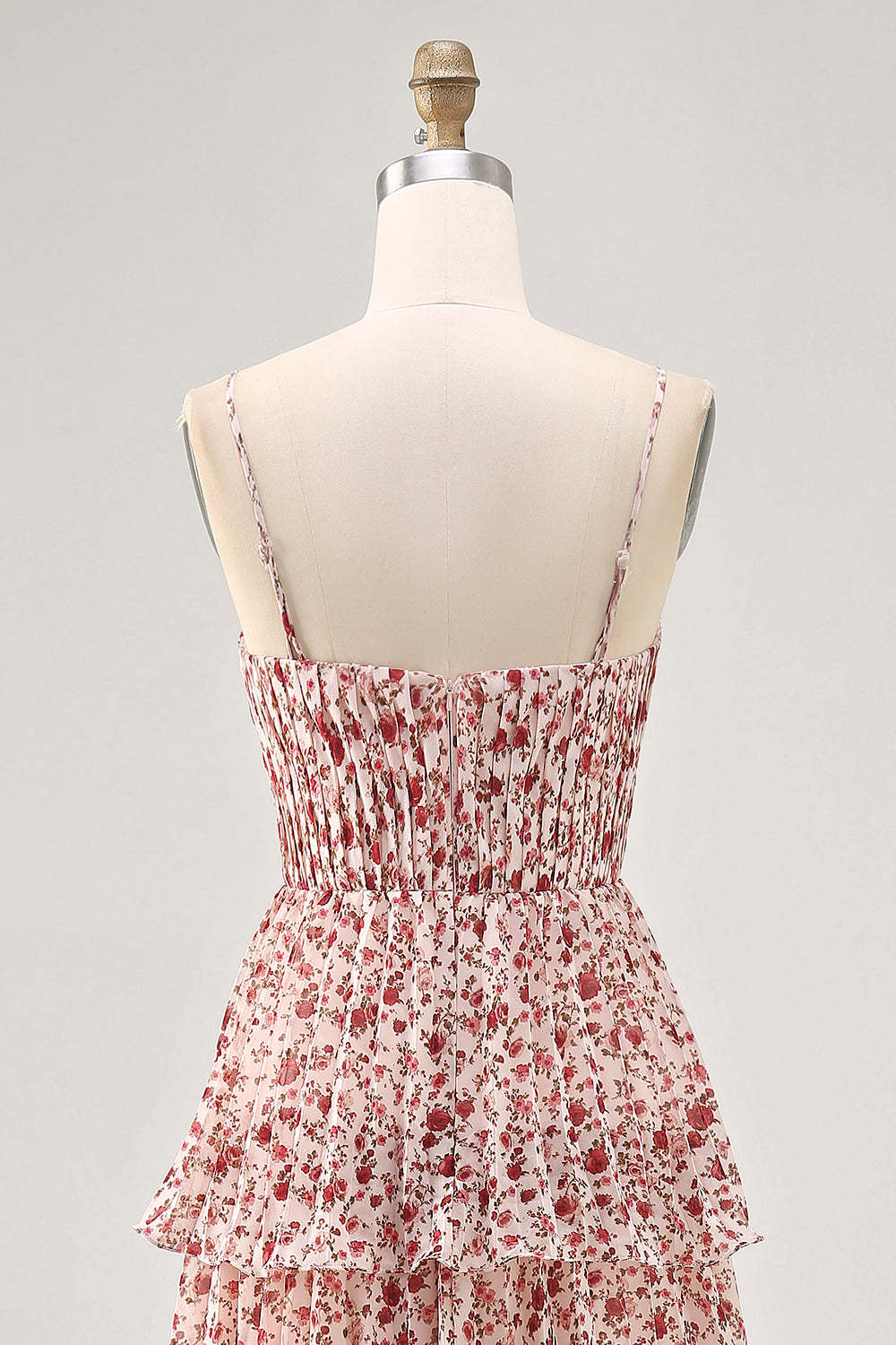 Blush Ruched Floral Chiffon Midi Wedding Guest Dress with Ruffles