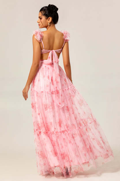 Blush Floral Chiffon V-Neck Maxi Wedding Guest Dress