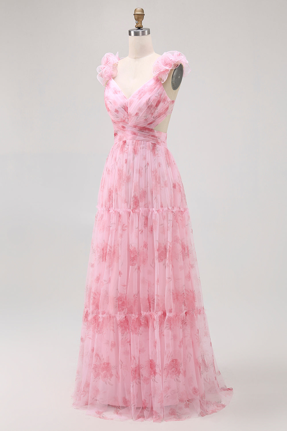 Blush Chiffon Floral V-Neck A Line Maxi Wedding Guest Dress