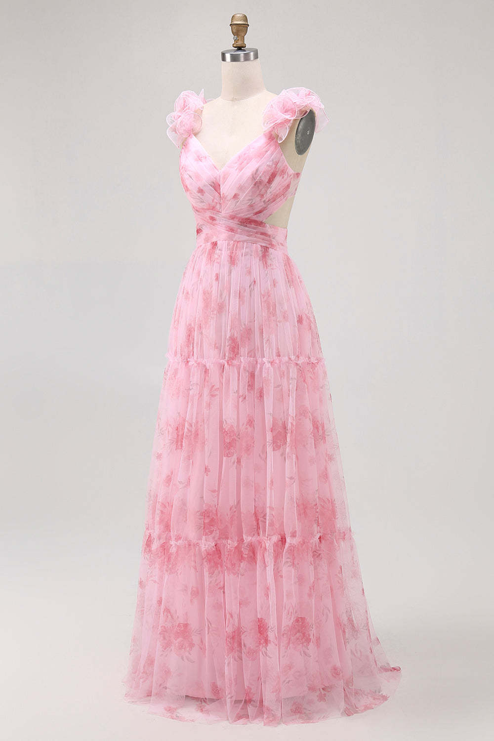 Blush Chiffon Floral V-Neck A Line Maxi Wedding Guest Dress