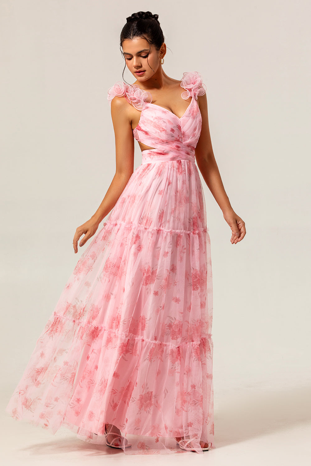 Blush Floral Chiffon V-Neck Maxi Wedding Guest Dress
