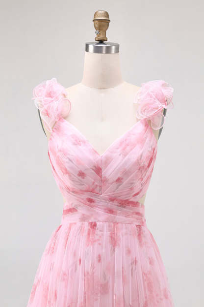 Blush Chiffon Floral V-Neck A Line Maxi Wedding Guest Dress