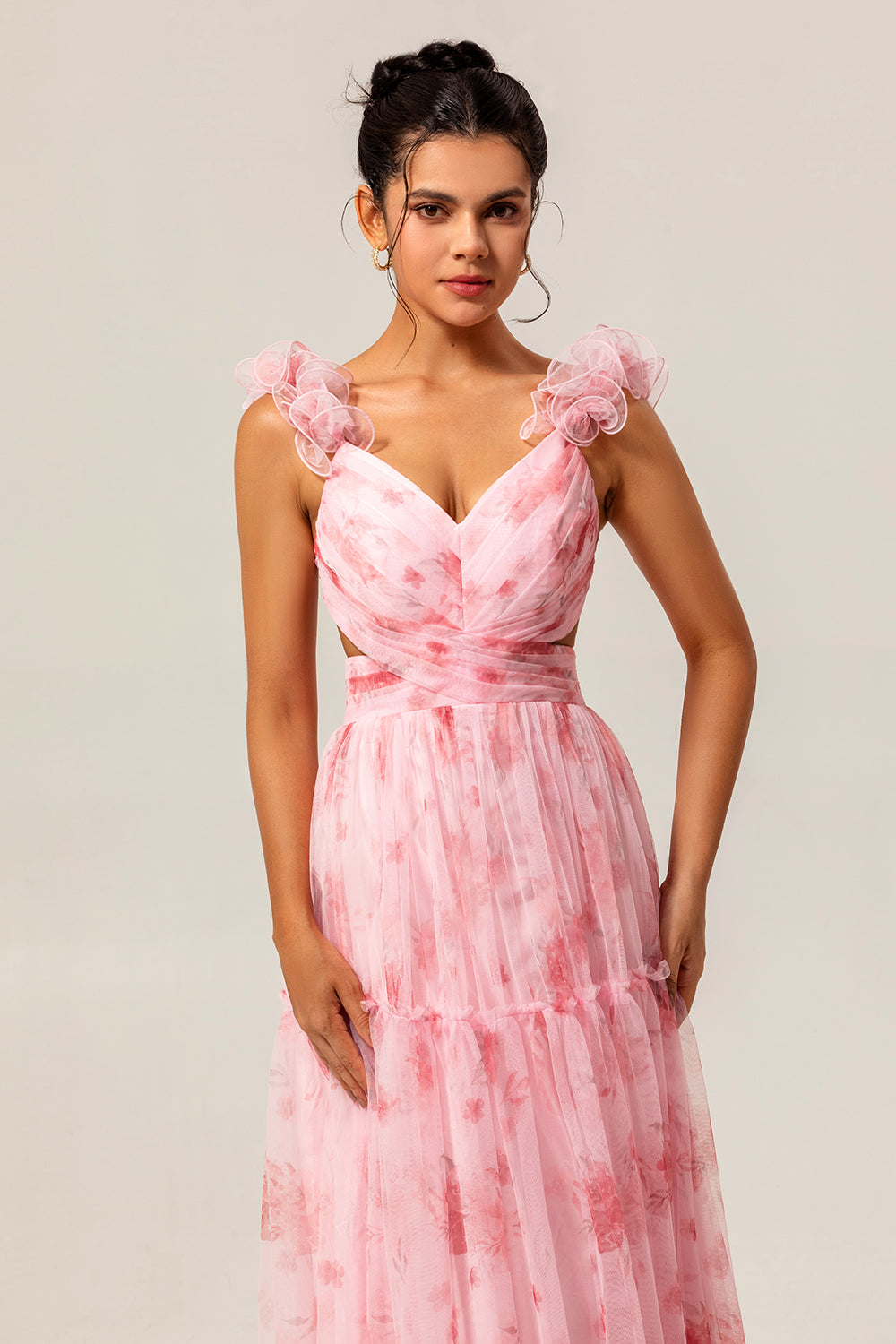 Blush Floral Chiffon V-Neck Maxi Wedding Guest Dress
