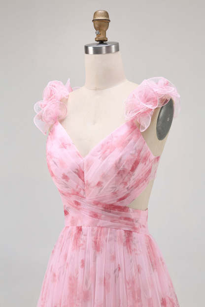 Blush Chiffon Floral V-Neck A Line Maxi Wedding Guest Dress