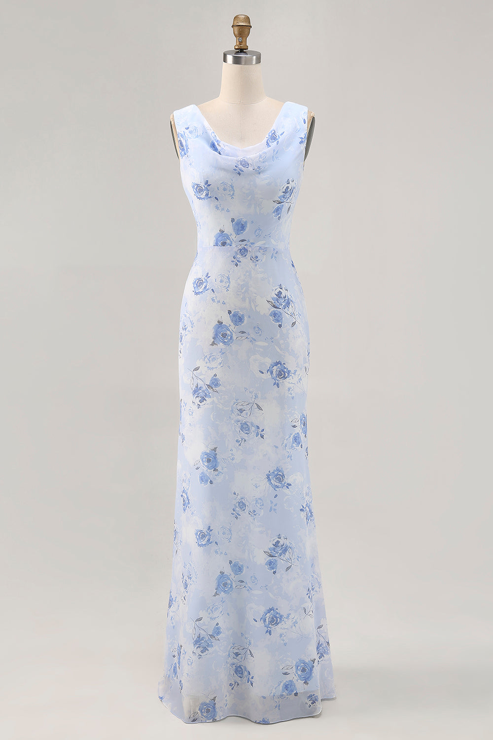 Leely Women Blue Floral Maxi Mermaid Wedding Guest Dress Chiffon Cowl Neck Bridesmaid Dress