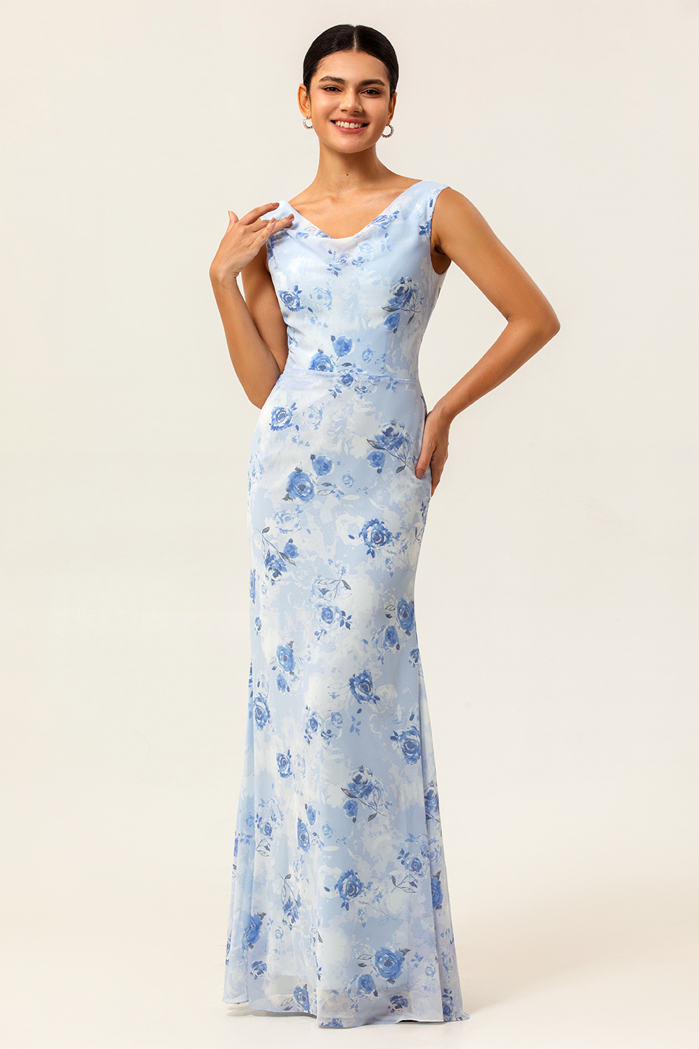 Elegant Blue Floral Mermaid Chiffon Maxi Wedding Guest Dress