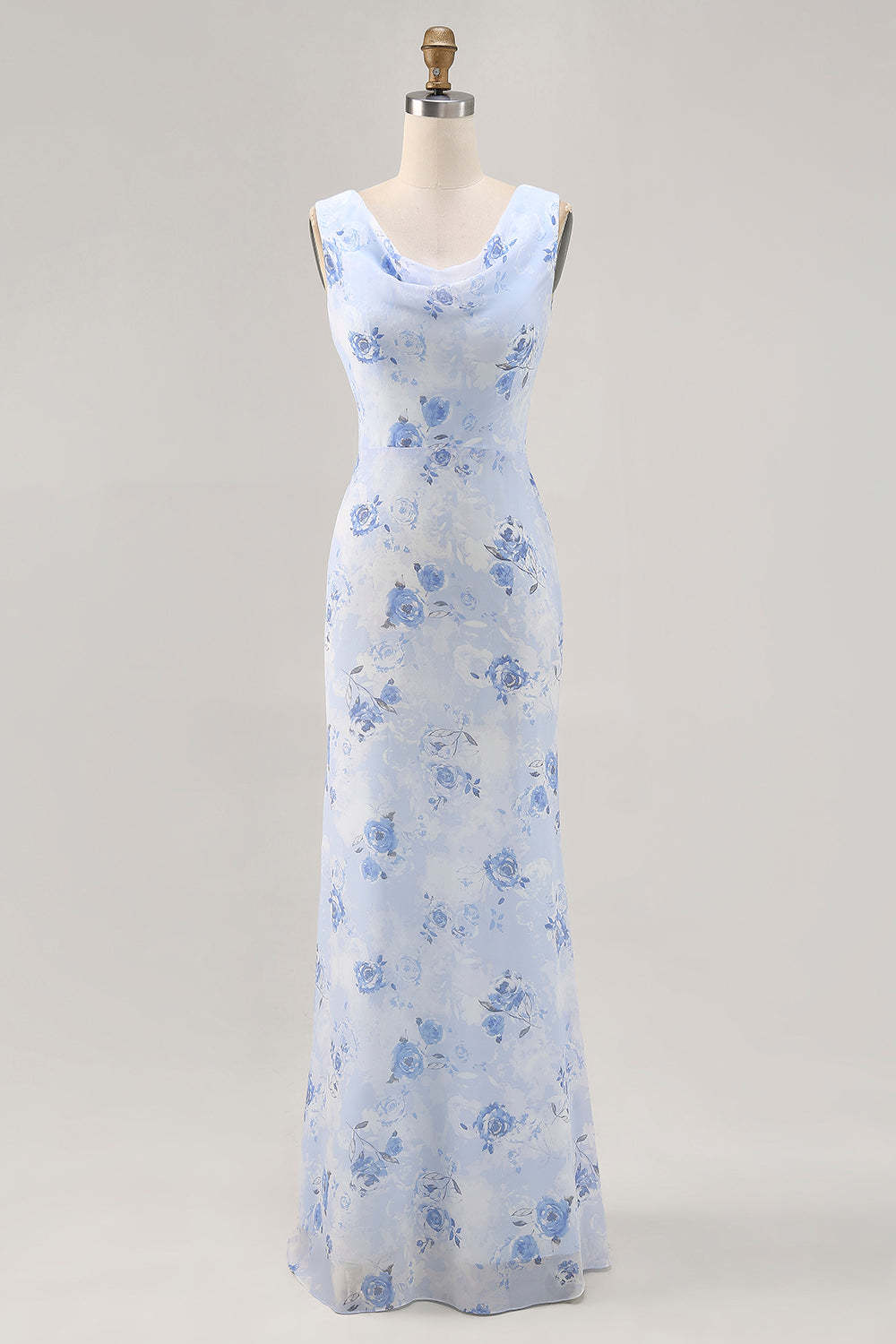 Leely Women Blue Floral Maxi Mermaid Wedding Guest Dress Chiffon Cowl Neck Bridesmaid Dress