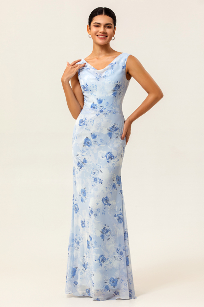 Elegant Blue Floral Mermaid Chiffon Maxi Wedding Guest Dress