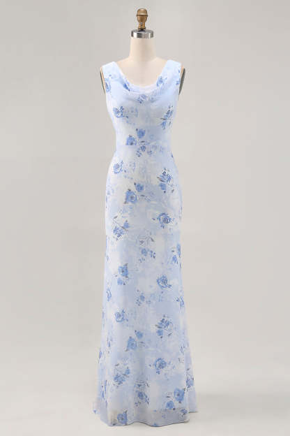Leely Women Blue Floral Maxi Mermaid Wedding Guest Dress Chiffon Cowl Neck Bridesmaid Dress