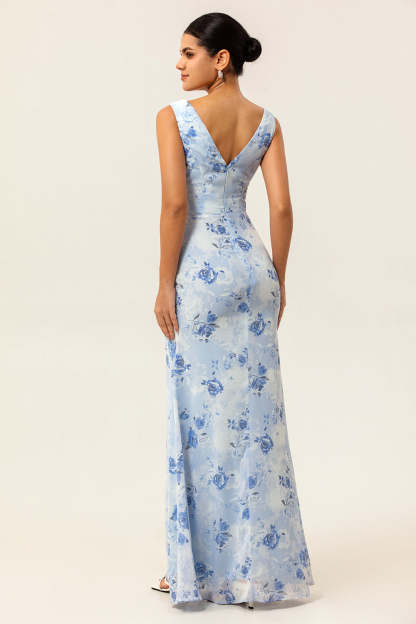 Blue Mermaid Chiffon Floral Maxi Wedding Guest Dress