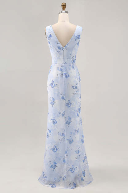 Elegant Blue Floral Mermaid Chiffon Maxi Wedding Guest Dress