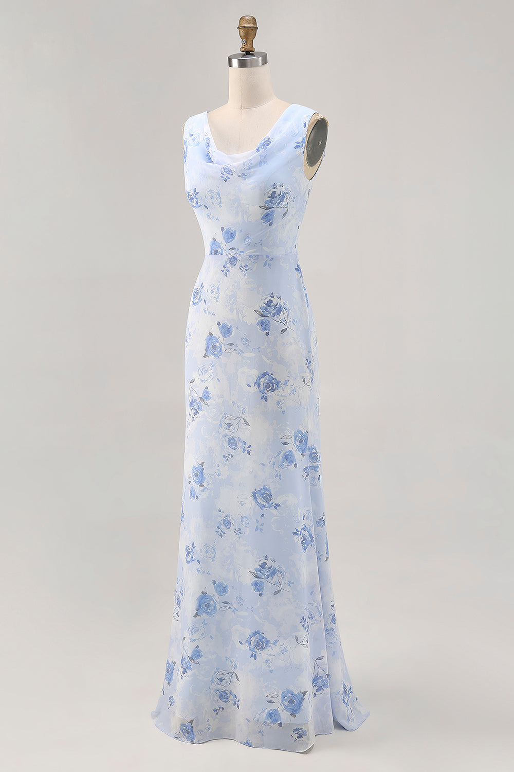 Elegant Blue Floral Mermaid Chiffon Maxi Wedding Guest Dress