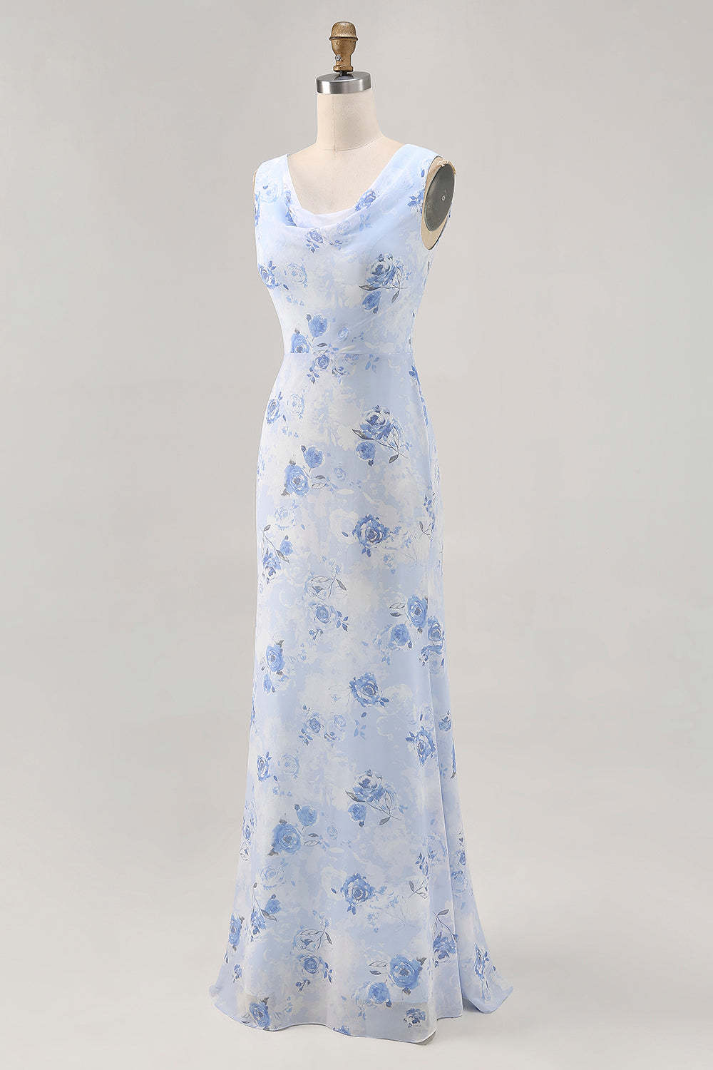 Elegant Blue Floral Mermaid Chiffon Maxi Wedding Guest Dress