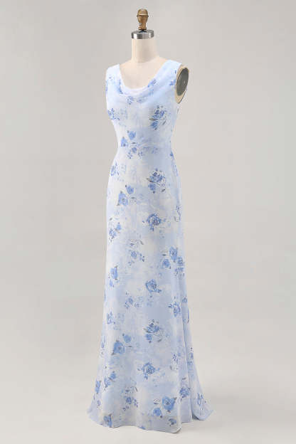 Elegant Blue Floral Mermaid Chiffon Maxi Wedding Guest Dress