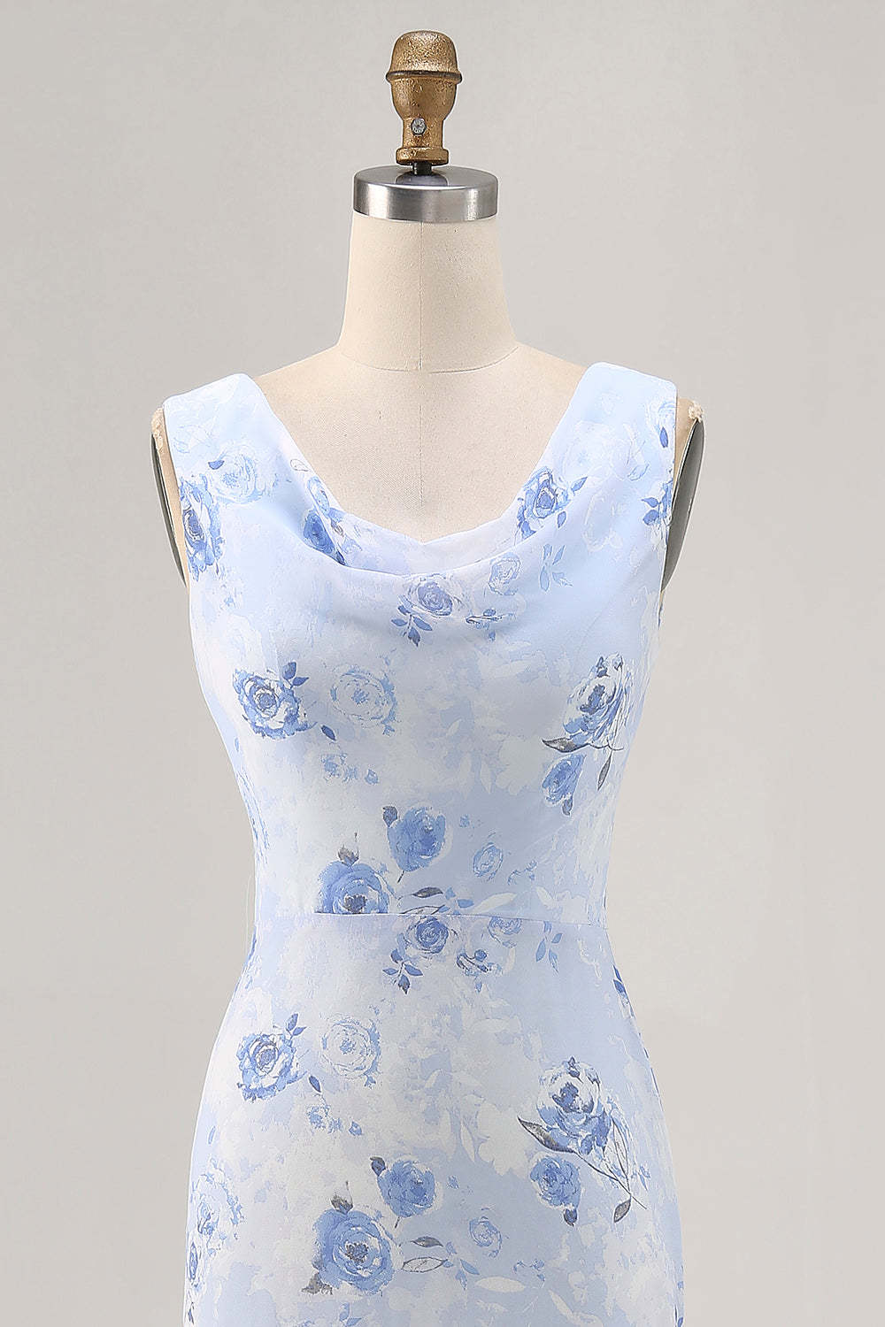 Elegant Blue Floral Mermaid Chiffon Maxi Wedding Guest Dress