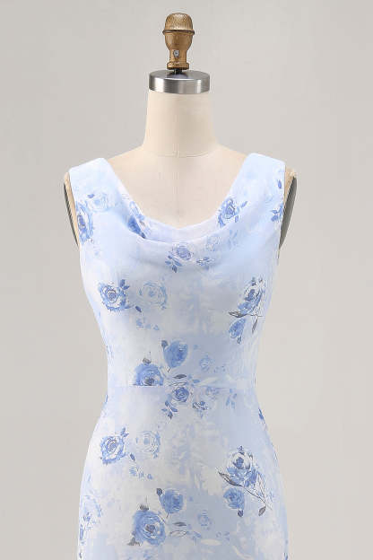 Elegant Blue Floral Mermaid Chiffon Maxi Wedding Guest Dress