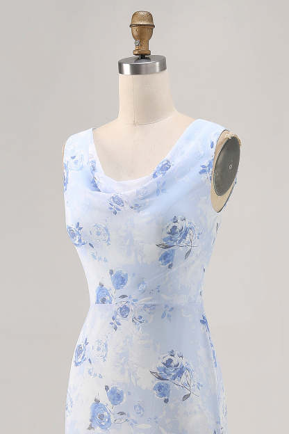 Elegant Blue Floral Mermaid Chiffon Maxi Wedding Guest Dress