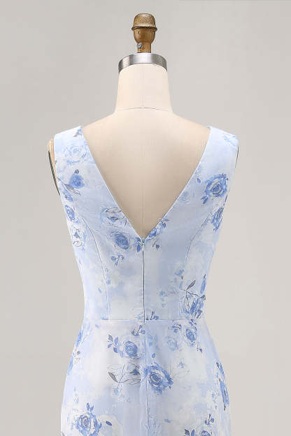 Elegant Blue Floral Mermaid Chiffon Maxi Wedding Guest Dress