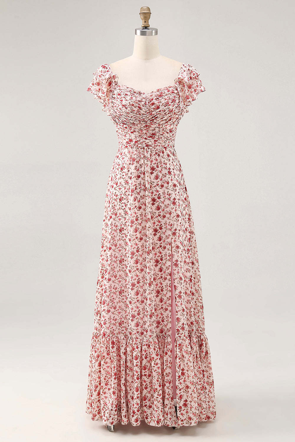 Leely Women Blush Floral Ruffled Maxi Wedding Guest Dress with Slit Chiffon A Line Ruched Lace Up Back Bridesmaid Dress