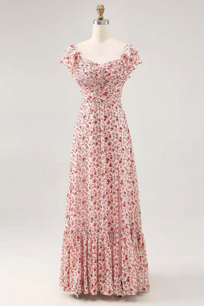 Leely Women Blush Floral Ruffled Maxi Wedding Guest Dress with Slit Chiffon A Line Ruched Lace Up Back Bridesmaid Dress
