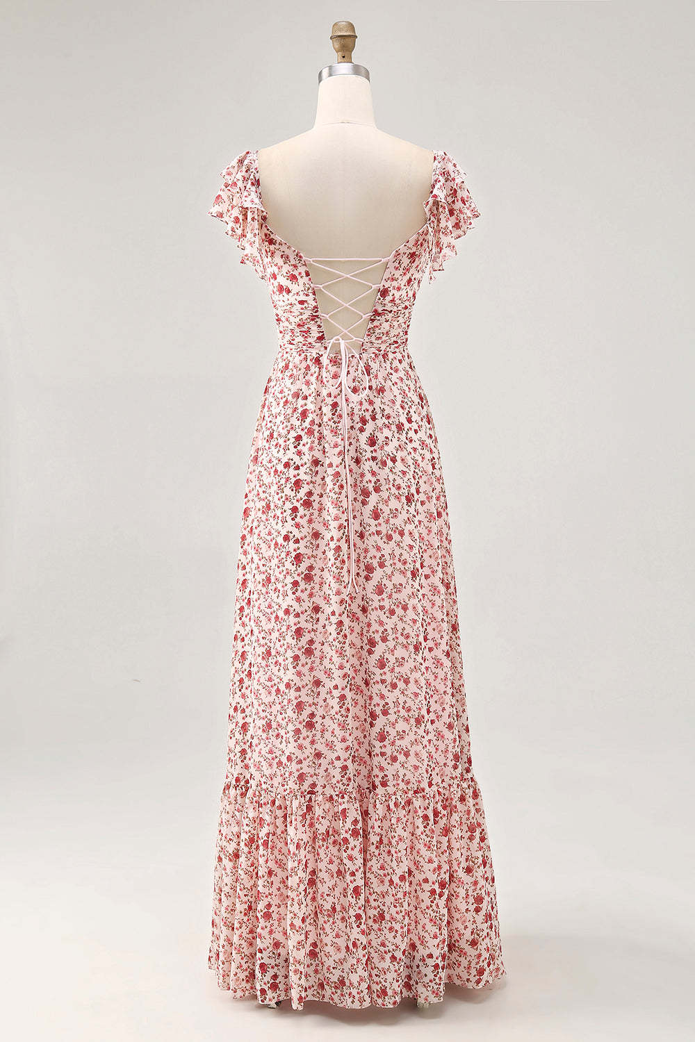 Blush Ruffled Floral Chiffon A Line Maxi Wedding Guest Dress with Slit