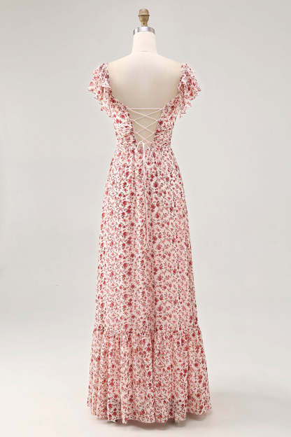 Blush Ruffled Floral Chiffon A Line Maxi Wedding Guest Dress with Slit