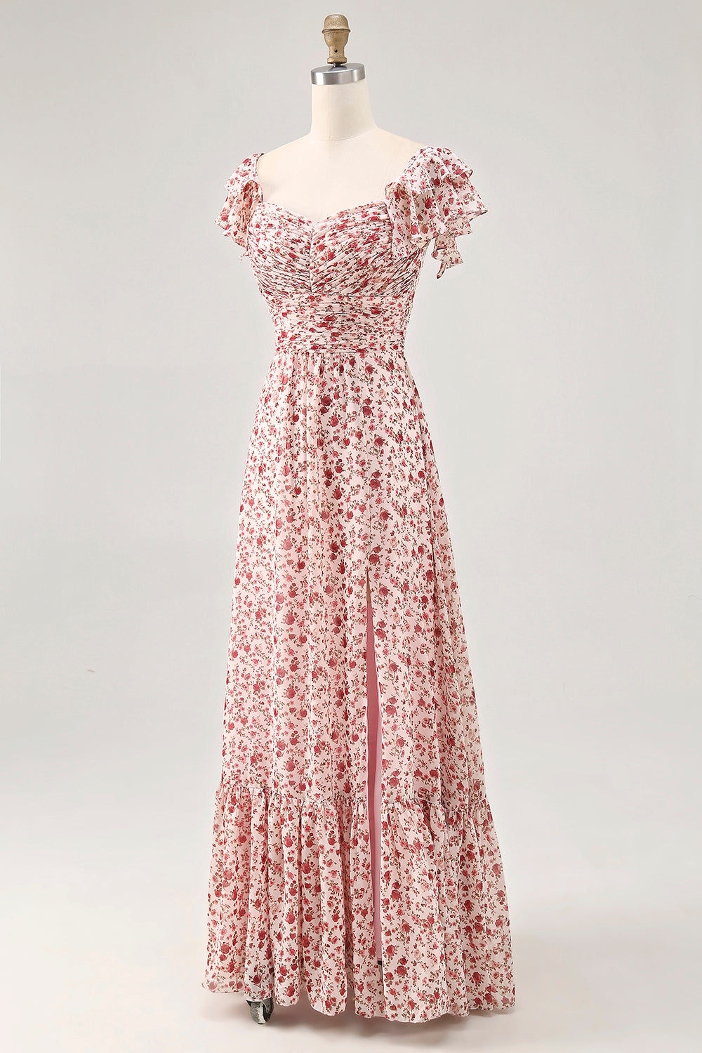 Blush Ruffled Floral Chiffon A Line Maxi Wedding Guest Dress with Slit
