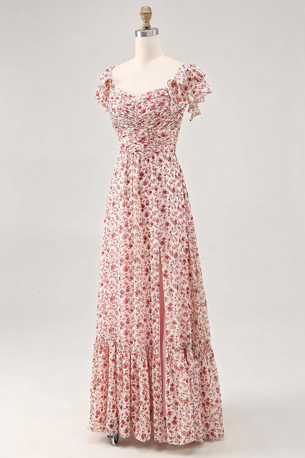 Blush Ruffled Floral Chiffon A Line Maxi Wedding Guest Dress with Slit